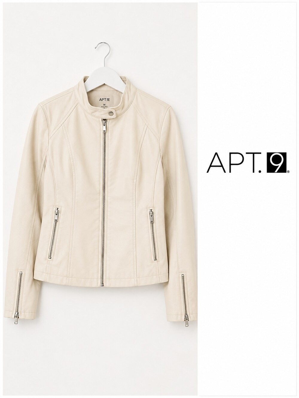 APT.9 Women’s Ivory Vegan Leather Moto Jacket Size Medium